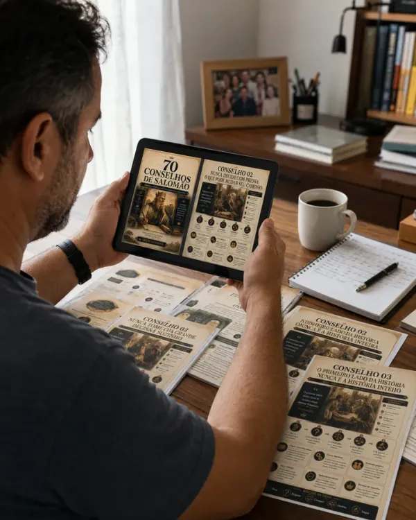 Estudando os mapas no tablet, com as páginas impressas sobre a mesa