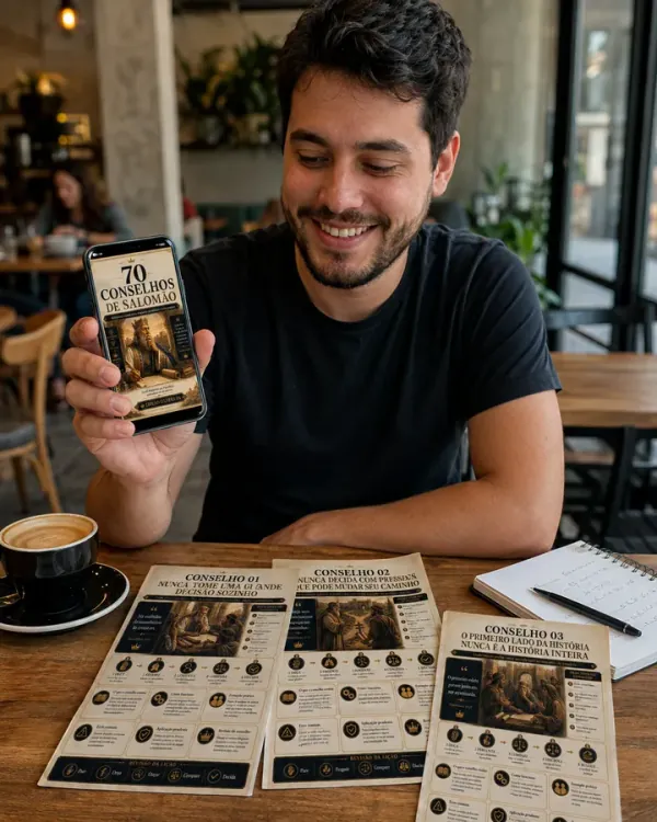 Mostrando o material no celular em um café, com mapas impressos na mesa